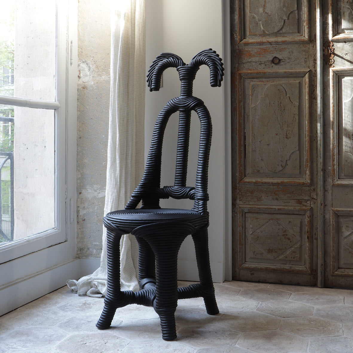 ZEBRES Chaise MOISTE en corde de coton peinte en noir - Christian Astuguevieille